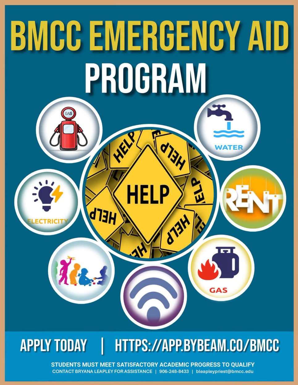 Flyer for Emergency Aid Program, contact Katie Corbiere kcorbier@bmcc.edu