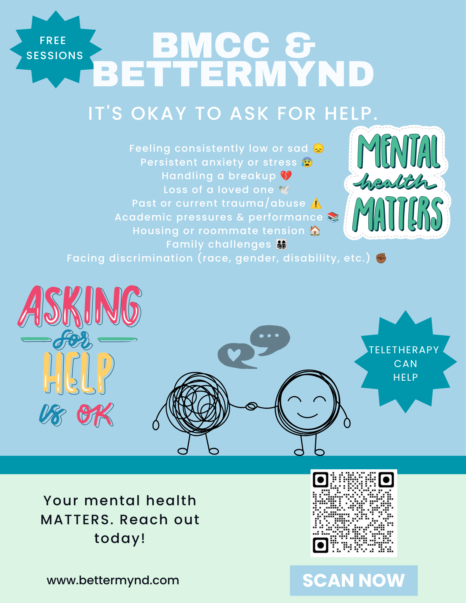 BMCC BetterMynd flyer for free sessions. Using a screen reader? Please open the PDF file for the full document text.