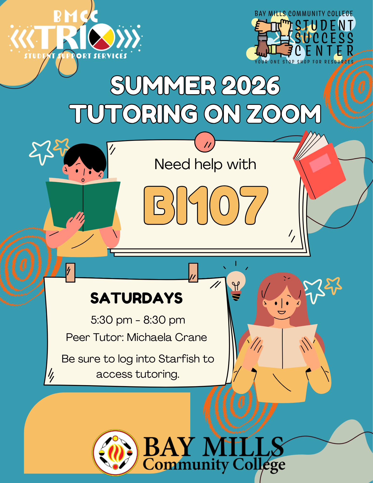 Jim Sawaski Math Tutoring Flyer.  BMCC logo. BMCC Fall 2025 Professional Math Tutoring with Jim Sawaski. Tuesday 6 - 7pm (Zoom), Sunday 6 - 7pm (Zoom). Check-in using your BMCC Starfish Account. Questions? Please contact Student Success Center, ssc@bmcc.edu Bottom row BMCC TRiO logo, reduce/reuse/recycle logo, Student Success Center logo.