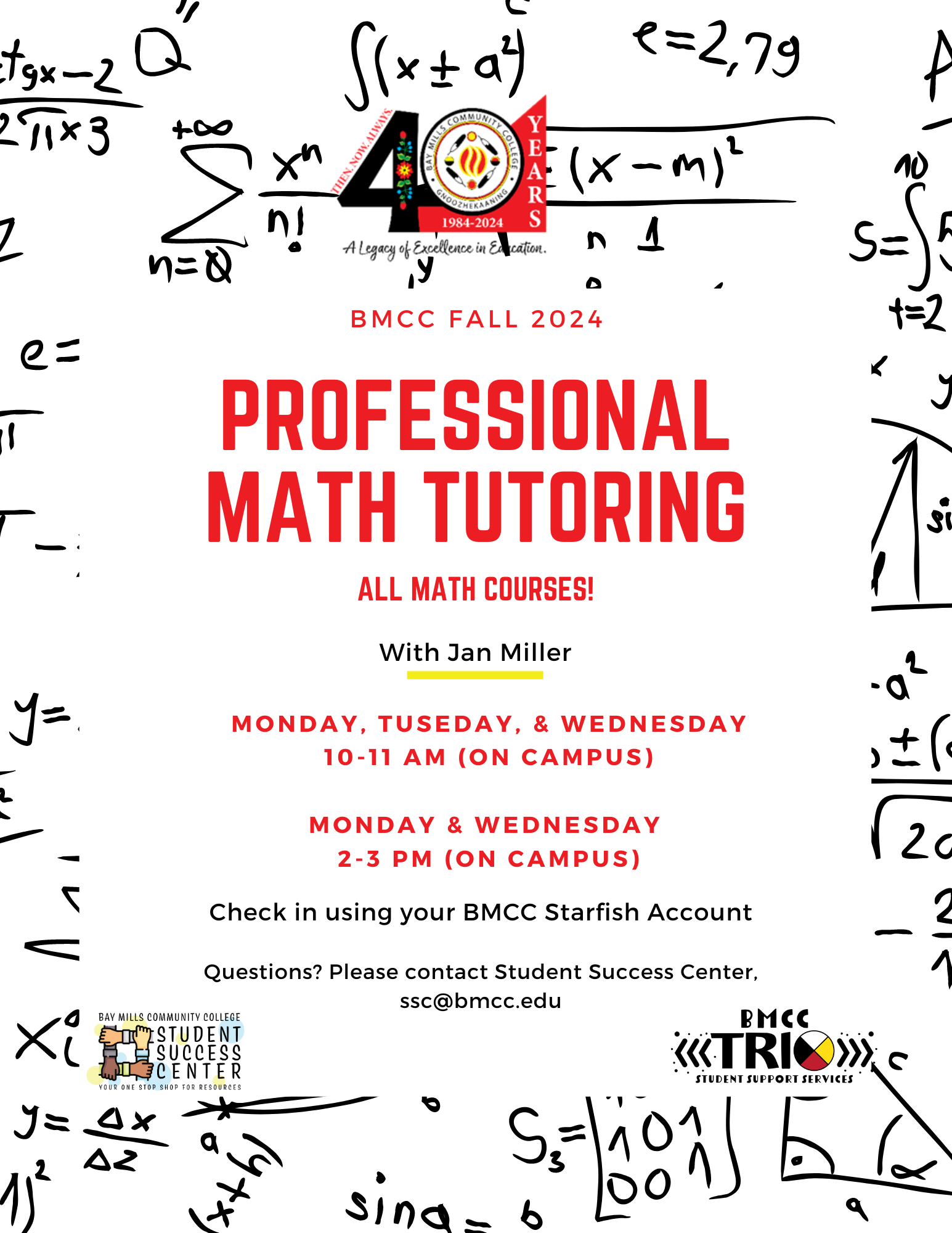 Professional MathTutoring flyer Jan Miller. Virtual Tutoring Sunday 2:00PM to 4:00PM, 1 flex hour by appointment. Check-in using your BMCC Starfish Account