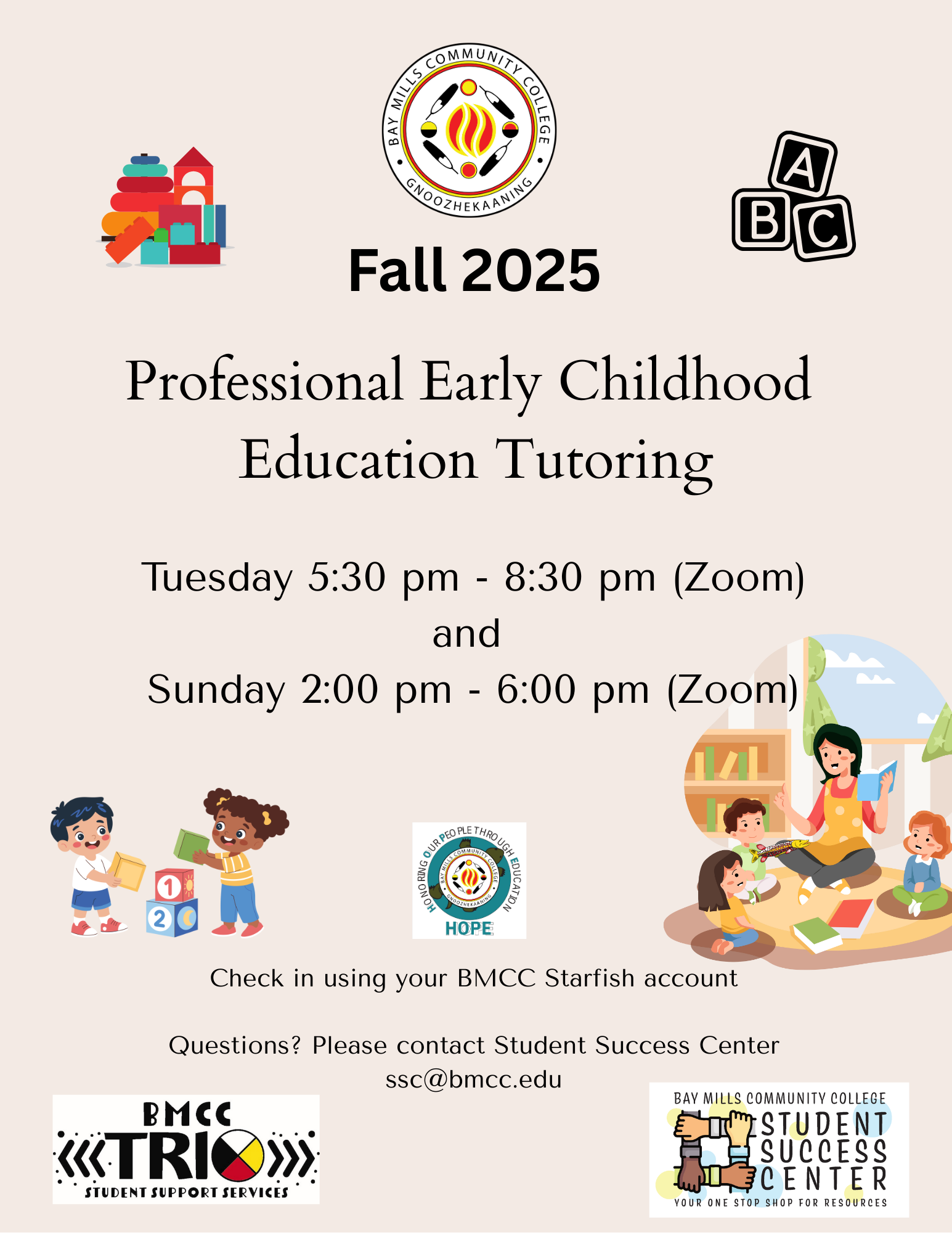BMCC logo. BMCC Summer 2025 Environmental Science Tutoring with Jamie Farrow. Friday 1-3pm. Check in using your BMCC Starfish Account. Questions? Please contact Student Success Center, ssc@bmcc.edu (Bottom left) Student Success Center logo, (bottom right) BMCC TRiO logo.
